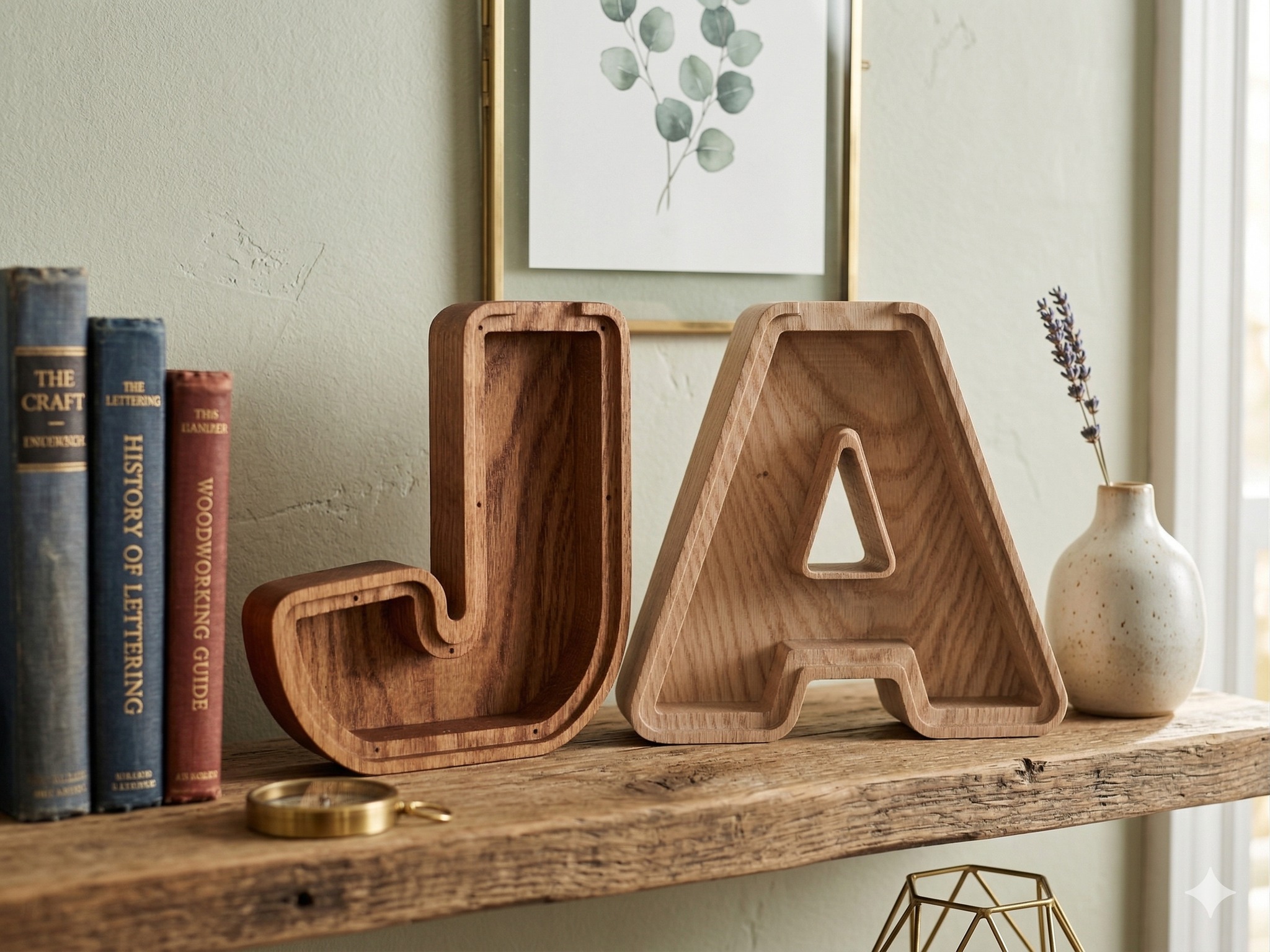 Handcrafted wooden J and A letter bookends