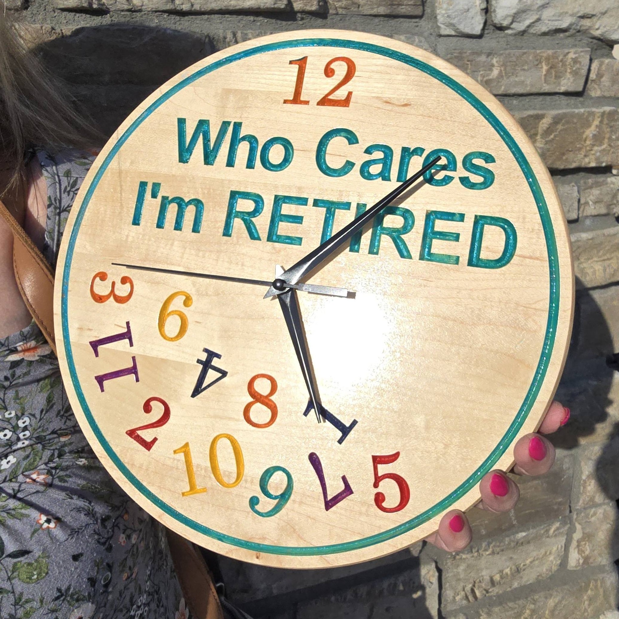 Handcrafted wooden retirement clock — alternate finish