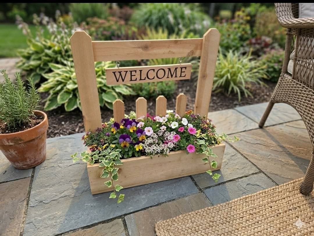 Wooden welcome flower box planter